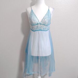 Penthouse Light Blue Lace Sheer Floral Fairy Slip Dress with Bow Detail | Size L